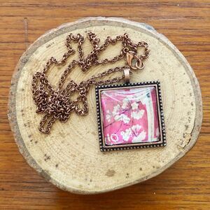 Vintage Pink Japanese Cherry Blossom Stamp Square Pendant Necklace
